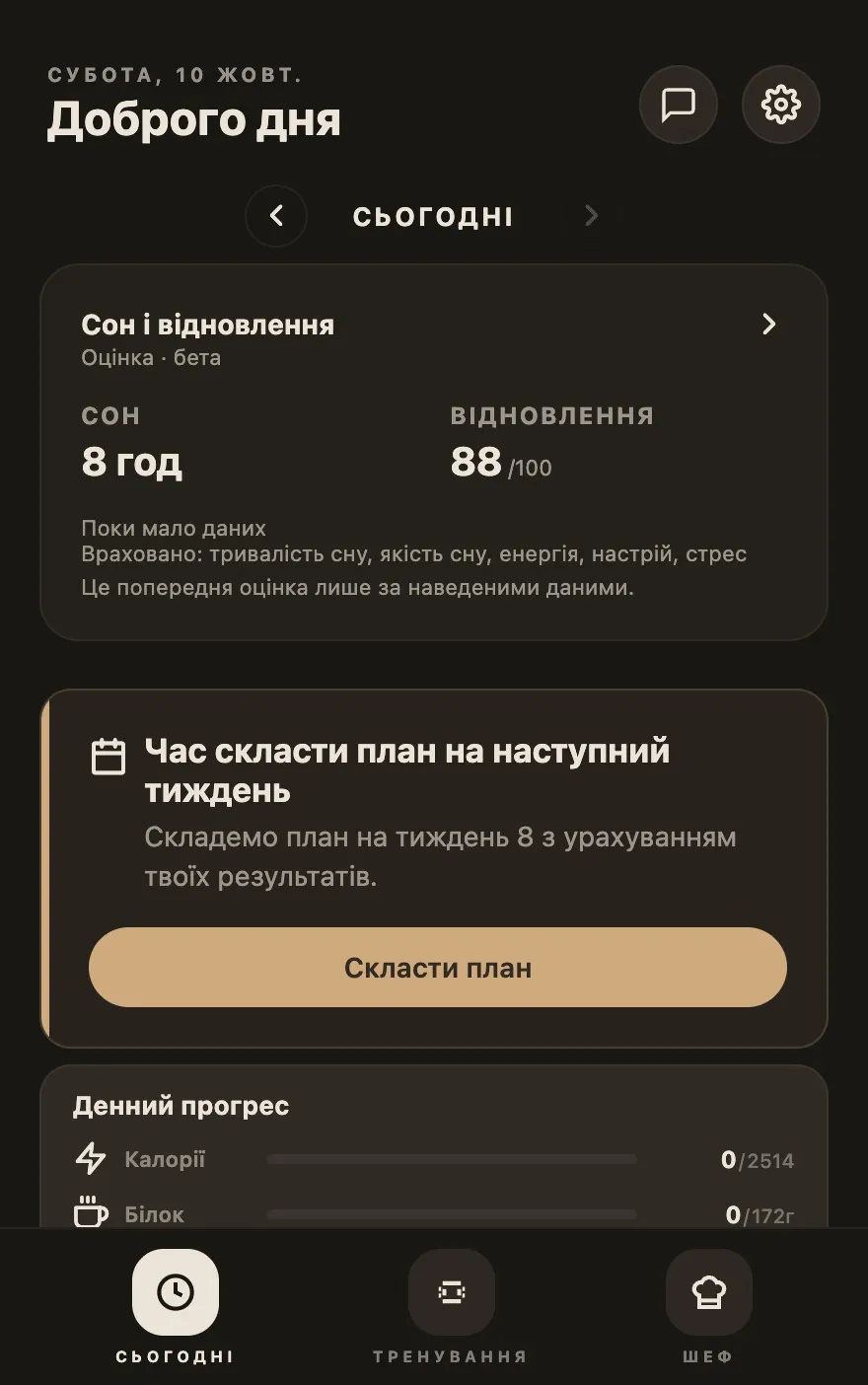 Екран «Сьогодні» в Metriform: денний прогрес калорій, білків, вуглеводів, жирів і води та заплановані страви